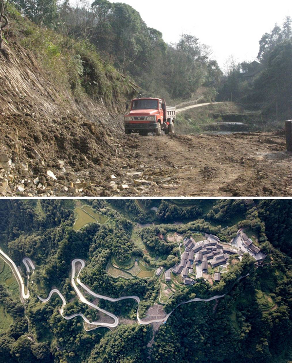 拼版照片：上圖為2011年12月拍攝的湖南省湘西土家族苗族自治州花垣縣十八洞村進(jìn)村道路；下圖為2019年9月拍攝的十八洞村及進(jìn)村道路。